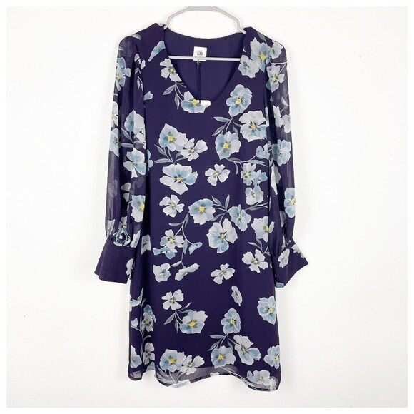 Cabi Purple Floral Dress Ellery Royal Sheer Puff Sleeve Sheath Size Small - Picture 1 of 8
